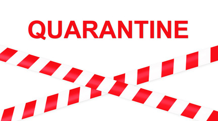 Crossed red and white striped border tape and word quarantine on white background.Concept for protecting people from coronavirus infection. Banner