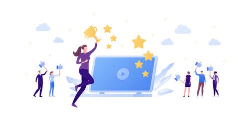 Social media blogger and online education cource concept. Vector flat person illustration. Female with trophy success symbol. Group of people with thumbs up sign. Design for banner, web, infographic
