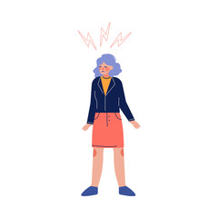 Unhappy Young Woman with Lightning over Her Head, Depression, Stress, Fear Vector Illustration