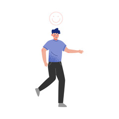 Smiling Boy in Casual Clothing with Smiley Face above His Head Vector Illustration