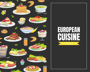 European Cuisine Card Template with Traditional European Meals Pattern Vector Illustration