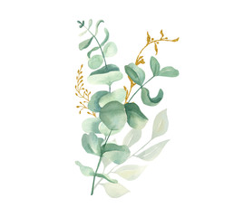 Watercolor floral illustration collection- green and gold leaf bouquet collection, for wedding stationary, greetings, wallpapers, background. Gold and green leaves.