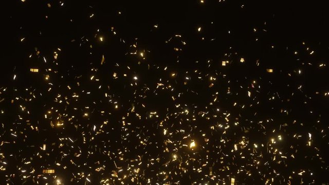 glitter background with gold slowly falling confetti. Confetti explosions on a black background. 4K animation