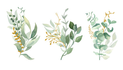 Watercolor floral illustration collection- green and gold leaf bouquet collection, for wedding stationary, greetings, wallpapers, background. Gold and green leaves.