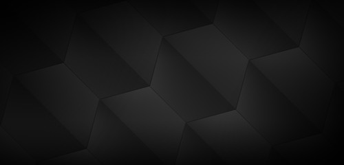 Dark abstract background - wide banner, hexagonal elements, digital illustration