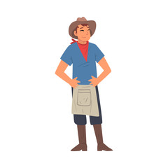 Cheerful Male Farmer Character in Hat, Apron and Rubber Boots Vector Illustration