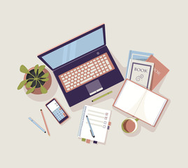 Computer on the table with textbooks or books, notebook phone, pens, pencils and indoor flower. The view from the top. Illustration for home distance learning. The process of solving school lessons