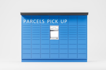 Blue electronic mail terminal self-service cabinet for storing parcels with a blank white screen on a white background. 3d rendering