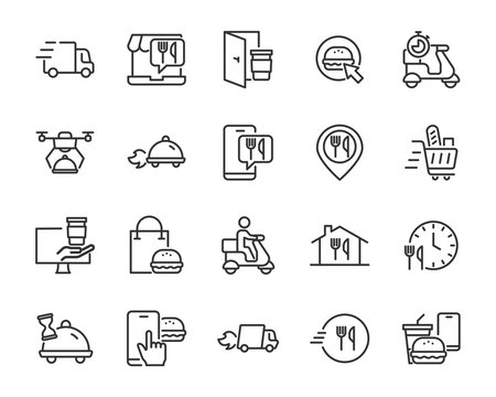 set of food delivery icons, mobile app, resturant, shopping