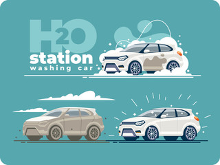 The off-road vehicle is dirty from the wheels to the roof washed with foam at the washing station in three stages and become brilliant.