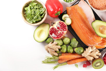 health food selection with fish, fruit and vegetable