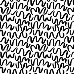 Wavy and swirled brush strokes vector seamless pattern. Black paint freehand scribbles, abstract ink background.
