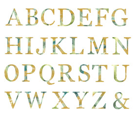 Gold and green textured alphabet, letters set. Perfectly for wedding invitations, greeting card, logo, poster and other design. 