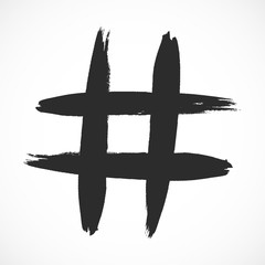 Hashtag hand drawn brush stroke dirty art symbol icon sign isolated on white background. Black and white composition of the symbol hashtag.