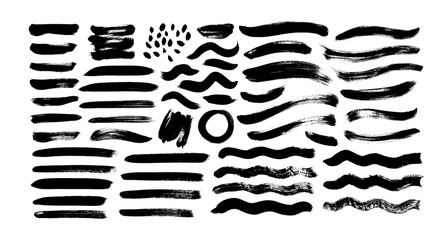 Black paint wavy and straight brush strokes vector collection. Dirty curved lines, wavy brushstrokes, circles.