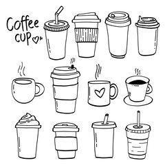 Coffee cups hand drawn vector illustration. Coffee hot drinks take away.
