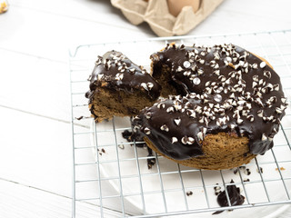 Homemade chocolate cake on table.