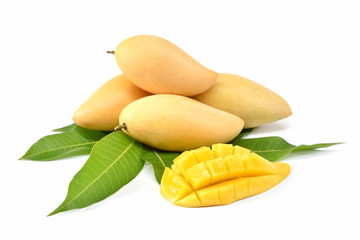 Mango fruit with mango cubes and slices. Isolated on a white background. Perfect ripe mango fruit. Selected focus