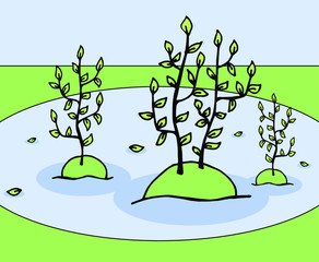 trendy vector handmade picture 
green tree growing out of hillock. Beginning of a new life. joy of birth. Earth Day. fresh arable fields. place for fishing