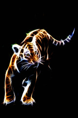 Abstract illustration of a tiger cub in light  on a black background.