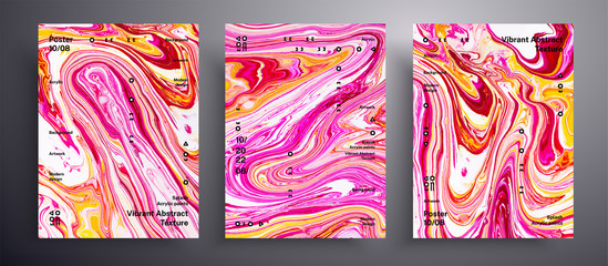 Abstract vector placard, pack of modern design fluid art covers. Trendy background that can be used for design cover, poster, brochure and etc. Pink, yellow and red unusual creative surface template