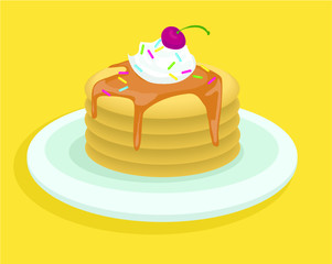 pancakes sugar syrup maple sprinkles cherry top  breakfast sweet icon on plate  isolated on yellow background