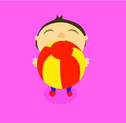 baby boy girl kids holding ball foward giving gift isolated on pink background