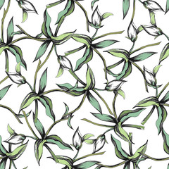 Tropical seamless pattern of green plants. Vector hand-drawn endless wicker ornament for fabric, home textile, bedding and wallpaper.