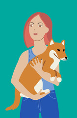 Girl holding dog vector illustration. Happy shiba inu owner in flat cartoon style. 