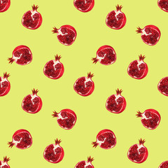 Seamless pattern with pomegranate fruits and seeds on yellow background. Design for cosmetics, spa, pomegranate juice, health care products, perfume. Best for textile or wrapping paper