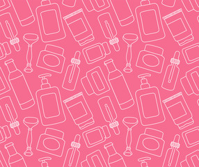 Home beauty routine essentials seamless vector pattern. Vector hand drawn illustration. Cream, face oil, toner, serum, eye gel. Skin care products for SPA, line art beauty salon concept.