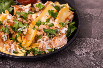 Canadian poutine french fries with brown gravy sauce, chicken and cheese curds.