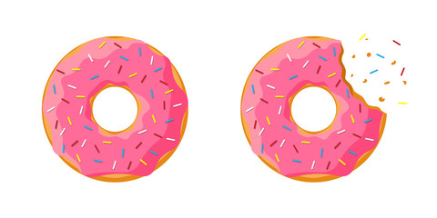 Cartoon colorful tasty donut whole and bitten set isolated on white background. Pink glazed doughnut top view for cake cafe decoration or bakery menu design. Vector flat illustration