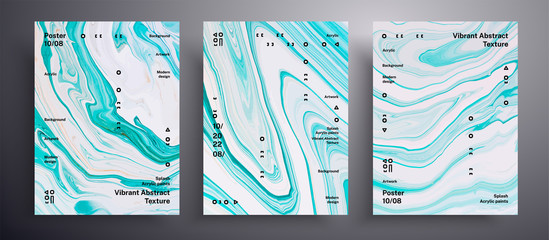 Abstract liquid poster, fluid art vector texture collection. Beautiful background that applicable for design cover, invitation, flyer and etc. Mint and white universal trendy painting backdrop