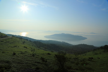 Fototapeta na wymiar Kussyaro lake from the BIhoro pass in early morning