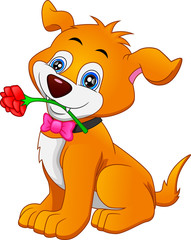 Cartoon cute dog biting a flower
