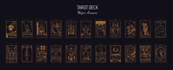 Big Tarot card deck.  Major arcana set part  . Vector hand drawn engraved style. Occult and alchemy symbolism. The fool, magician, high priestess, empress, emperor, lovers, hierophant, chariot - obrazy, fototapety, plakaty