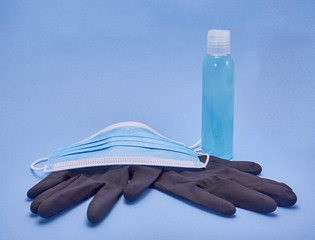 Set protection mask, gloves and disinfectant