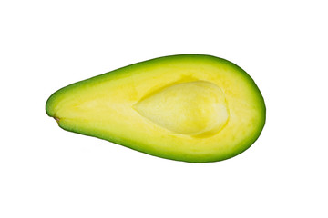 Green avocado on white background. Isolated. Half of avocado. Cut fruit