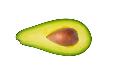 Green avocado on white background. Isolated. Half of avocado. Cut fruit