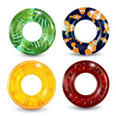 Swim rings set on white background. Inflatable rubber toy. Lifebuoy colorful vector collection. Summer. Realistic summertime illustration. Summer vacation or trip safety.