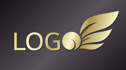 Golden vector logo on a dark background consisting of the inscription logo, where the last letter has the shape of a fruit with leaves