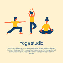 Girls stretching and doing yoga vector flat illustration with text space. Yoga studio, active recreation, healthy lifestyle, pilates card design.