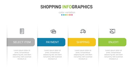 Concept of shopping process with 4 successive steps. Four colorful graphic elements. Timeline design for brochure, presentation, web site. Infographic design layout.