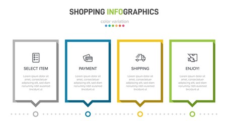 Fototapeta premium Concept of shopping process with 4 successive steps. Four colorful graphic elements. Timeline design for brochure, presentation, web site. Infographic design layout.