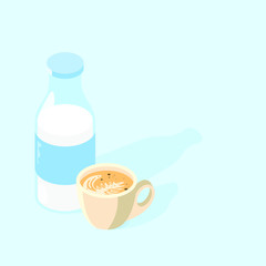 Milk in a glass bottle and a cup with a cappuccino with a pattern on coffee foam on a blue background