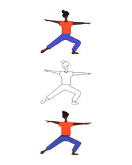 Set of three female characters. Girl in flat, cartoon and line style. Vector illustration of women doing yoga.