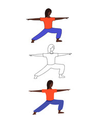 Fototapeta na wymiar Set of three female characters. Girl in flat, cartoon and line style. Vector illustration of women doing yoga.
