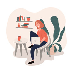Young woman working at home vector flat illustration. Freelance worker, self employed, coworking space concept.
