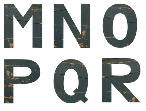 Isolated set of Font English or Latin Letters MNOPQR made of old peeling paint wooden board with cracks on white background